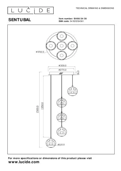 Lucide SENTUBAL - Hanglamp - Ø 35 cm - LED Dimb. - 5x5,2W 2700K - Zwart - technisch
